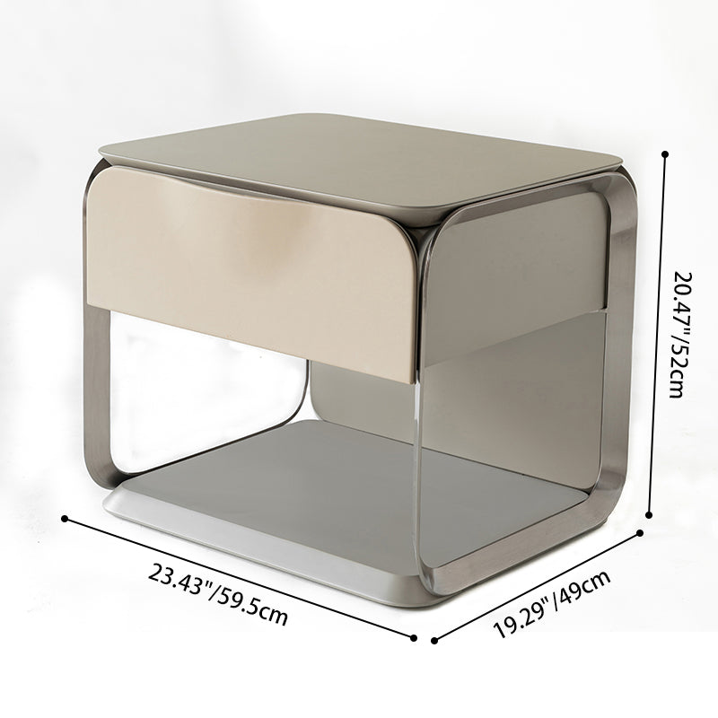 Modern Luxury White & Silver Nightstand with Floating Design and Microfiber Leather Drawer Front — Sleek Single-Drawer Bedside Table for the Bedroom