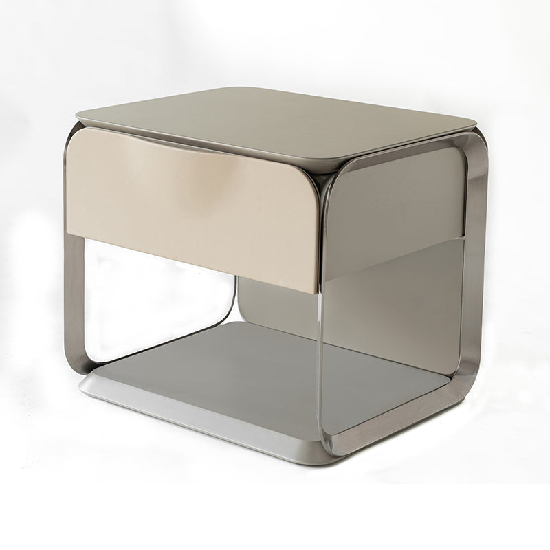 Modern Luxury White & Silver Nightstand with Floating Design and Microfiber Leather Drawer Front — Sleek Single-Drawer Bedside Table for the Bedroom