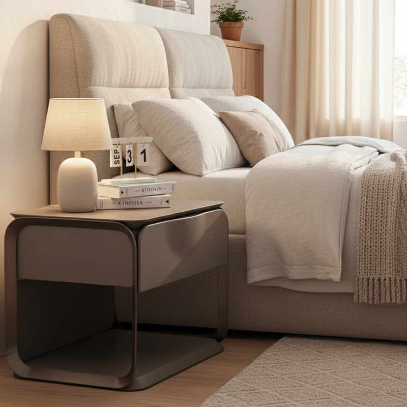 Modern Luxury White & Silver Nightstand with Floating Design and Microfiber Leather Drawer Front — Sleek Single-Drawer Bedside Table for the Bedroom