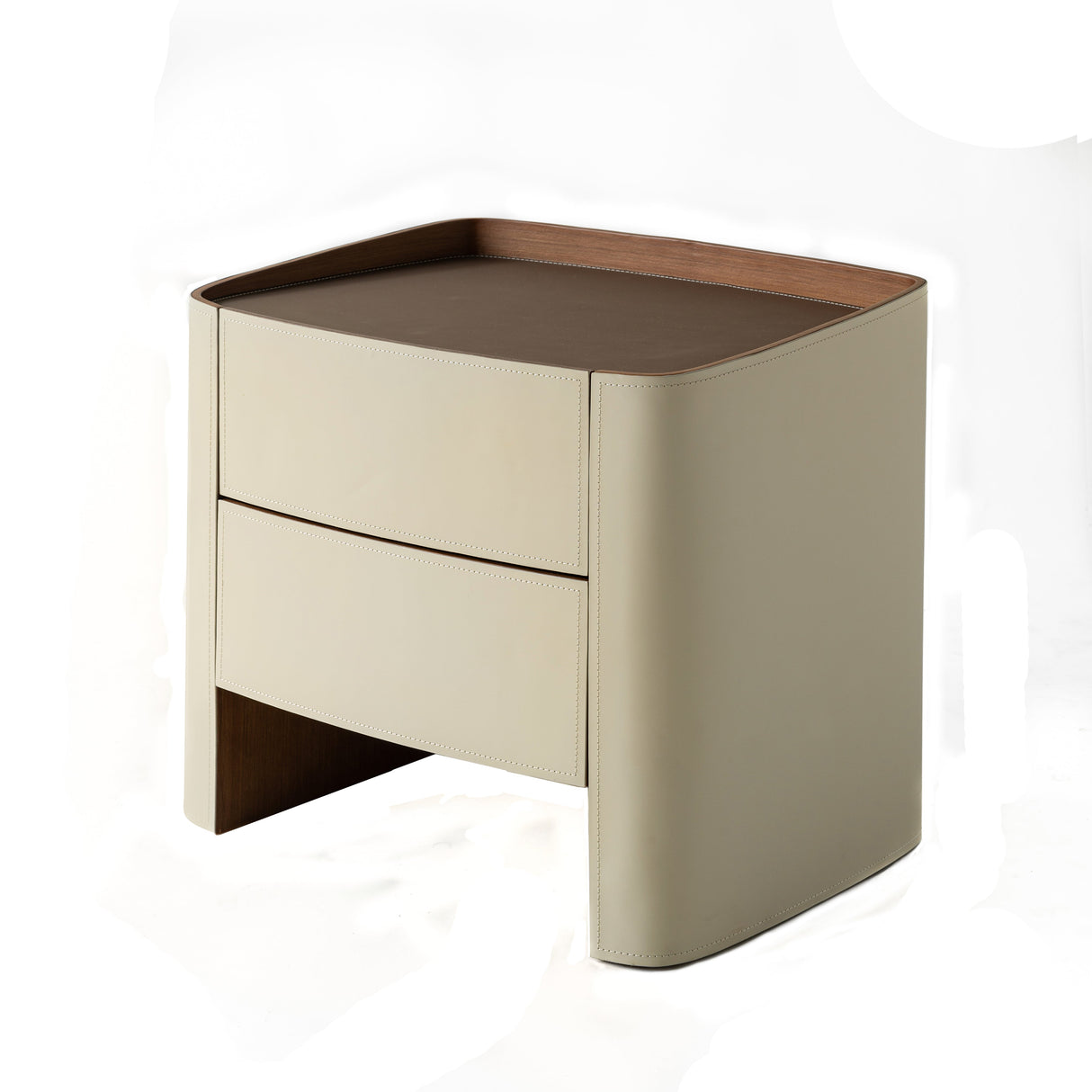 Luxurious Modern Beige Nightstand with Floating Design and Saddle Leather Finish - Double-Drawer Bedside Table for the Bedroom