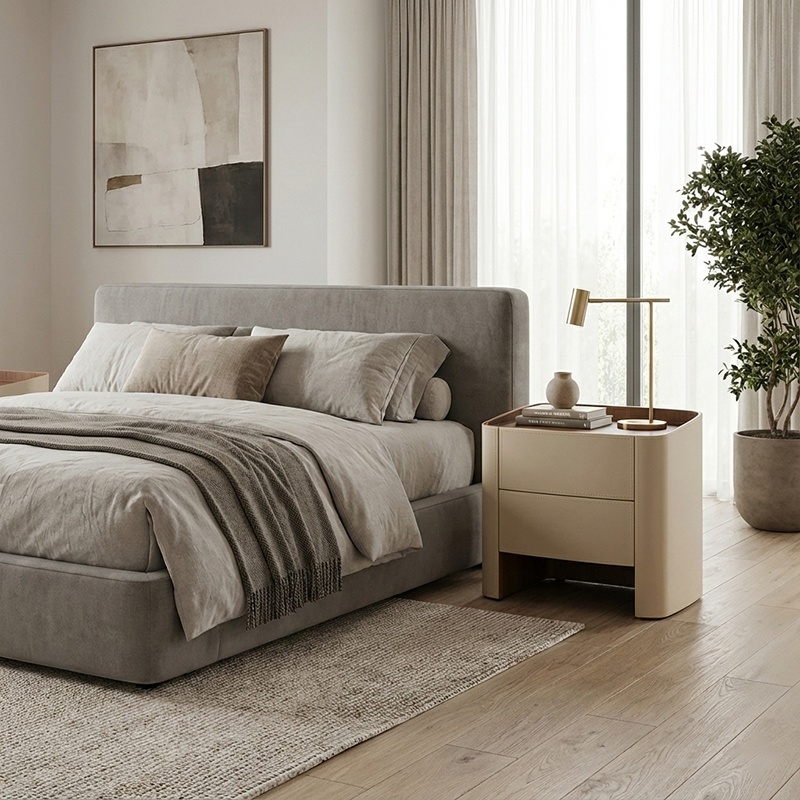 Luxurious Modern Beige Nightstand with Floating Design and Saddle Leather Finish - Double-Drawer Bedside Table for the Bedroom