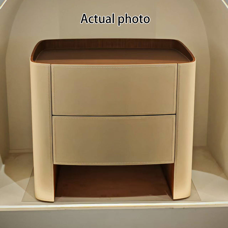 Luxurious Modern Beige Nightstand with Floating Design and Saddle Leather Finish - Double-Drawer Bedside Table for the Bedroom