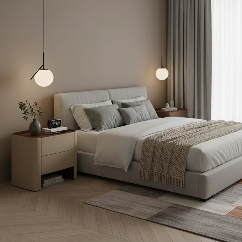 Luxurious Modern Beige Nightstand with Floating Design and Saddle Leather Finish - Double-Drawer Bedside Table for the Bedroom