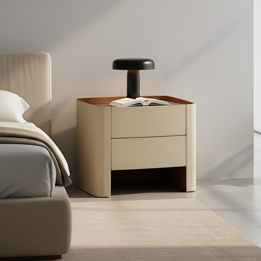 Luxurious Modern Beige Nightstand with Floating Design and Saddle Leather Finish - Double-Drawer Bedside Table for the Bedroom