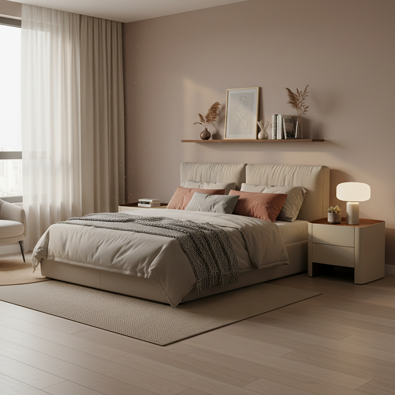 Luxurious Modern Beige Nightstand with Floating Design and Saddle Leather Finish - Double-Drawer Bedside Table for the Bedroom