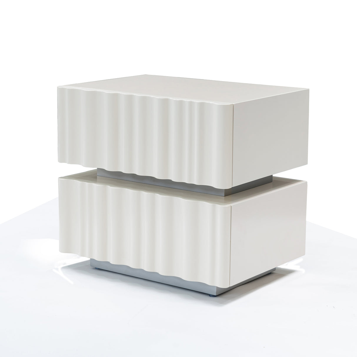 Modern Luxury White Nightstand with 3D Wavy-Textured Drawers – Dual-Drawer Bedside Table For Bedroom