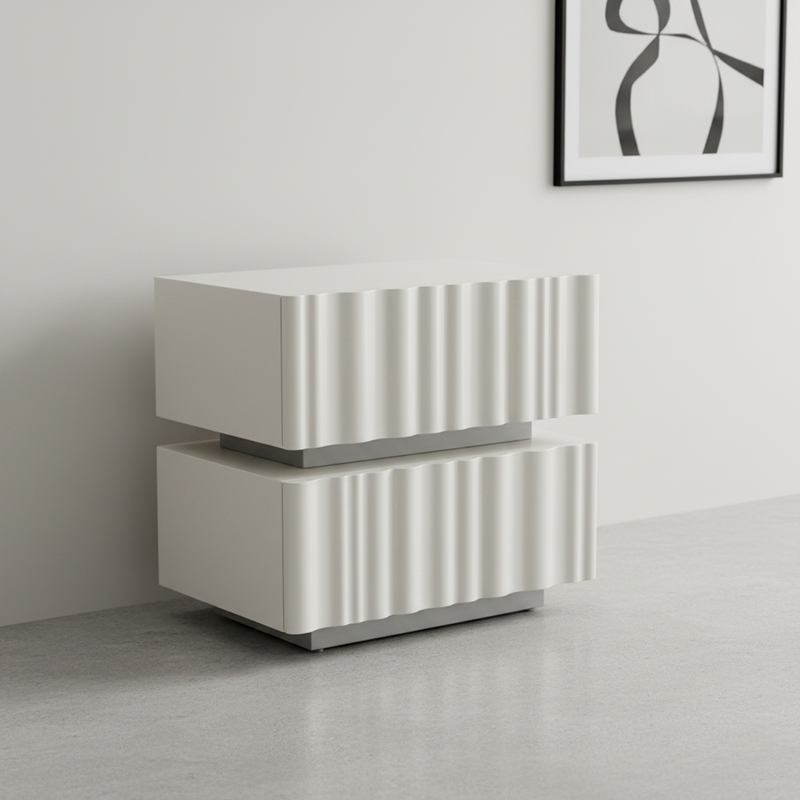 Modern Luxury White Nightstand with 3D Wavy-Textured Drawers – Dual-Drawer Bedside Table For Bedroom