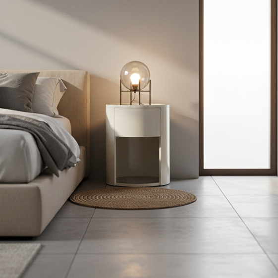 Luxurious Modern White Nightstand with White Stone Slab Top and One Drawer – Elegant Bedside Table for the Bedroom