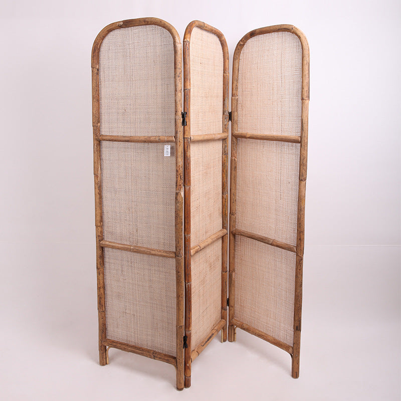 Traditional Chinese Wood-Finish Three-Panel Screen with Natural Indonesian Rattan - Handwoven Room Divider for Living Room