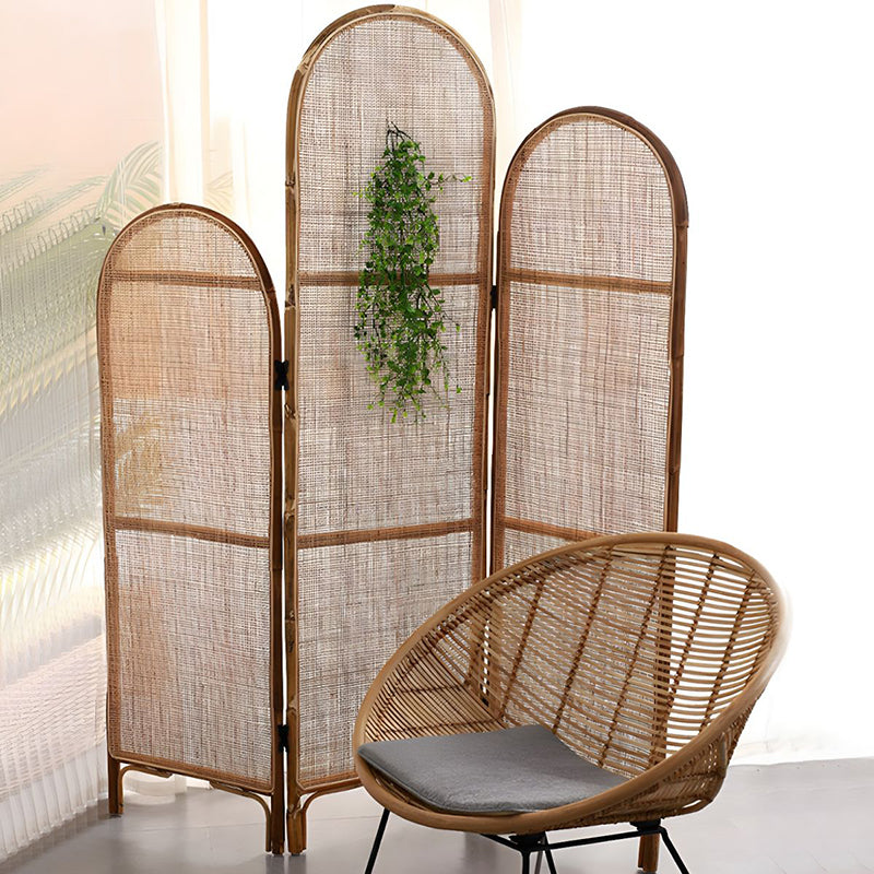 Traditional Chinese Wood-Color 3-Panel Screen Featuring Natural Indonesian Rattan & Handwoven Detailing — Asymmetrical Tiered Room Divider for Living Room