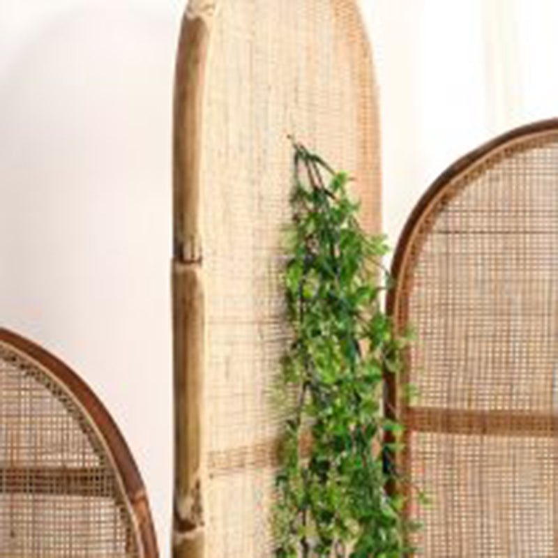 Traditional Chinese Wood-Color 3-Panel Screen Featuring Natural Indonesian Rattan & Handwoven Detailing — Asymmetrical Tiered Room Divider for Living Room