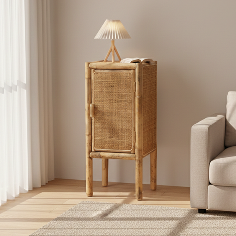 Elegant Traditional Chinese Slim Storage Cabinet in Natural Indonesian Rattan & Handwoven Finish – Space-Saving Sideboard for Living Room