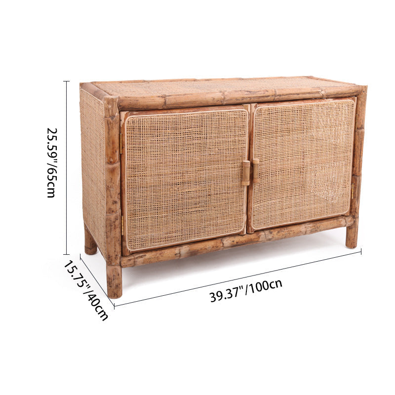 Traditional Chinese Rectangular Storage Cabinet — Handwoven Natural Indonesian Rattan, Large-Capacity Living Room Sideboard