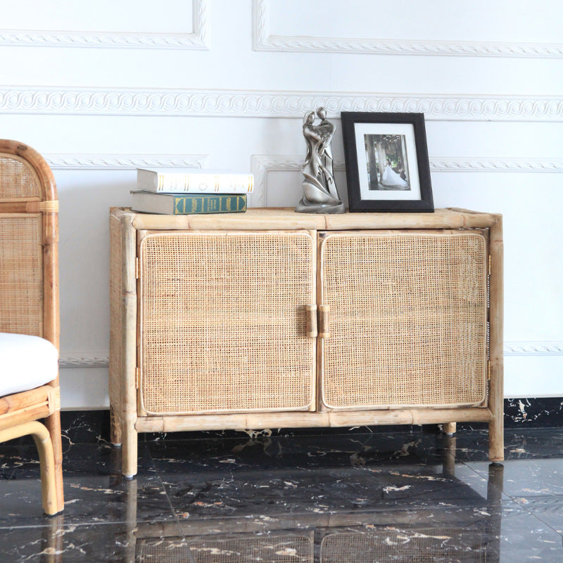 Traditional Chinese Rectangular Storage Cabinet — Handwoven Natural Indonesian Rattan, Large-Capacity Living Room Sideboard