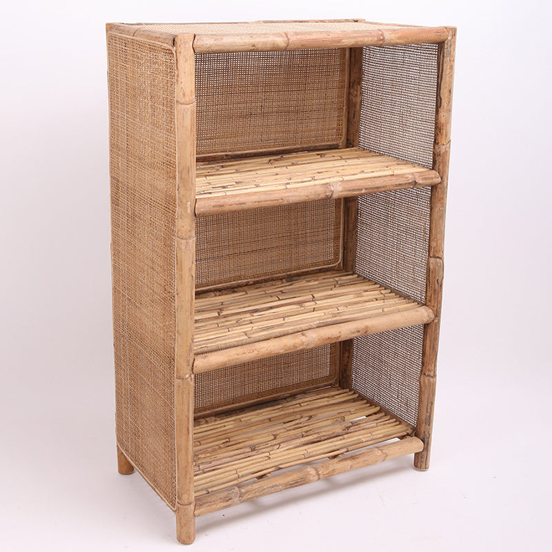 Traditional Chinese Rectangular Bookshelf with Handwoven Natural Indonesian Rattan — 3-Tier, Large-Capacity Storage Shelf for Living Room