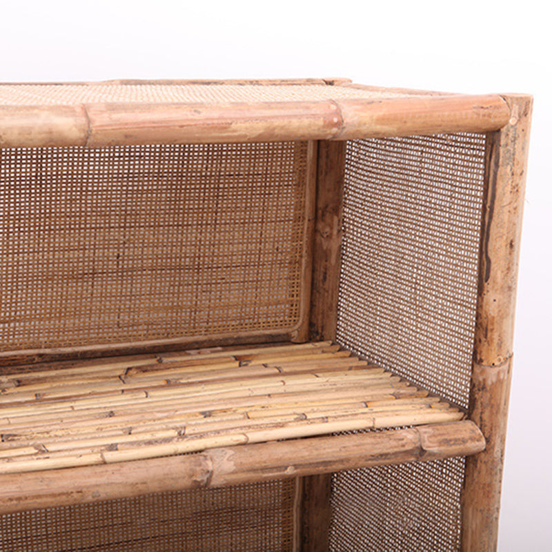 Traditional Chinese Rectangular Bookshelf with Handwoven Natural Indonesian Rattan — 3-Tier, Large-Capacity Storage Shelf for Living Room