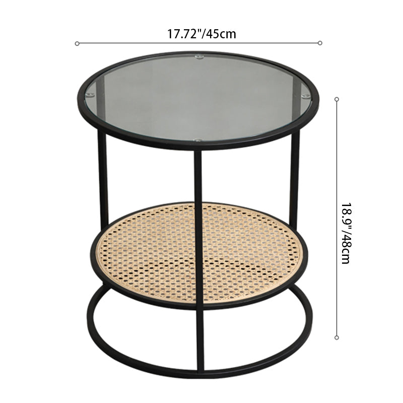 Modern Minimalist Round Glass-Top Side Table with Handwoven Natural Indonesian Rattan — 2-Tier End Table for Living Room
