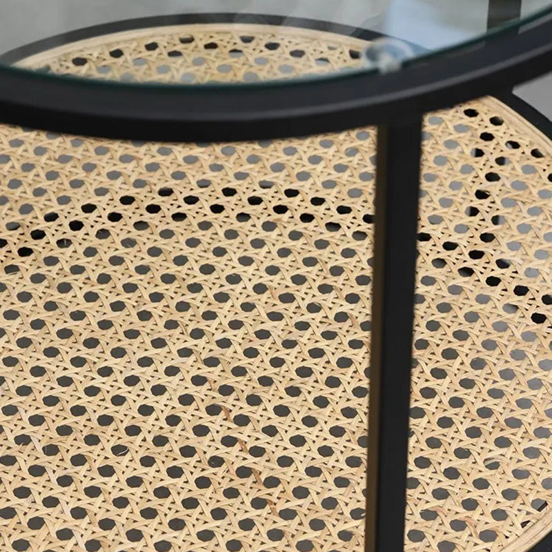 Modern Minimalist Round Glass-Top Side Table with Handwoven Natural Indonesian Rattan — 2-Tier End Table for Living Room