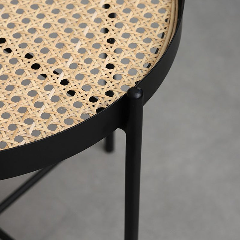 Modern Minimalist Round Glass-Top Side Table with Handwoven Natural Indonesian Rattan — 2-Tier End Table for Living Room
