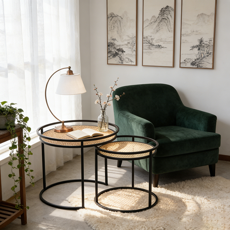 Modern Minimalist Round Iron Side Table Set with Natural Indonesian Rattan — Handwoven Dual End Tables for Living Room
