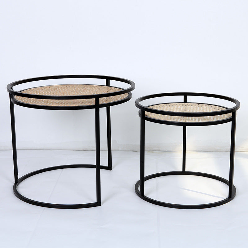 Modern Minimalist Round Iron Side Table Set with Natural Indonesian Rattan — Handwoven Dual End Tables for Living Room