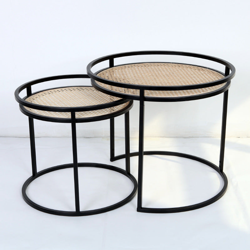 Modern Minimalist Round Iron Side Table Set with Natural Indonesian Rattan — Handwoven Dual End Tables for Living Room