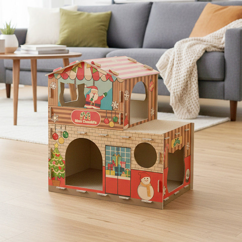 Modern Rectangular Cat Scratcher & 2-Tier Cat Bed, Durable Corrugated Cardboard, Grade A Strength for Living Room