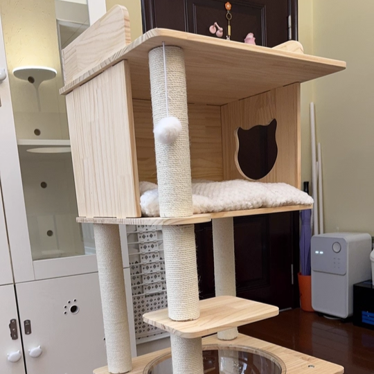 Scandinavian-Style Square Pine Cat Tree – Solid Wood, Hemp Rope, Paper Tube, 4-Tier Living Room Cat Furniture
