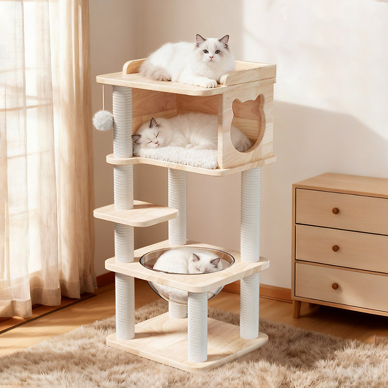 Scandinavian-Style Square Pine Cat Tree – Solid Wood, Hemp Rope, Paper Tube, 4-Tier Living Room Cat Furniture