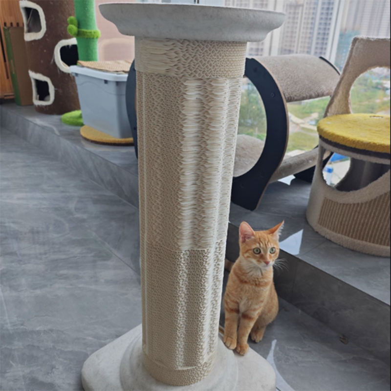 Contemporary Scandinavian Round Cat Tree with MDF Platform, Corrugated Paper Scratcher, Hemp Rope and Felt—Stylish Living Room Cat Furniture
