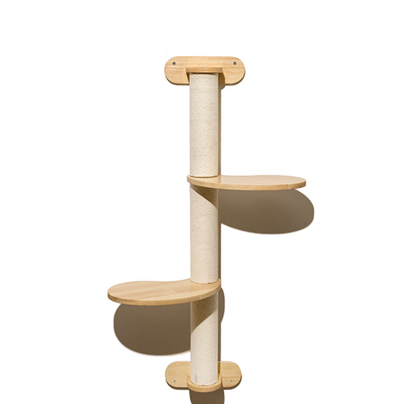 Contemporary Scandinavian Round Rubberwood Cat Tree – 3-Tier Solid Wood with Kraft Paper Rope for Living Room