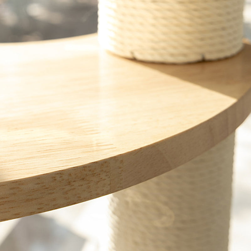 Contemporary Scandinavian Round Rubberwood Cat Tree – 3-Tier Solid Wood with Kraft Paper Rope for Living Room