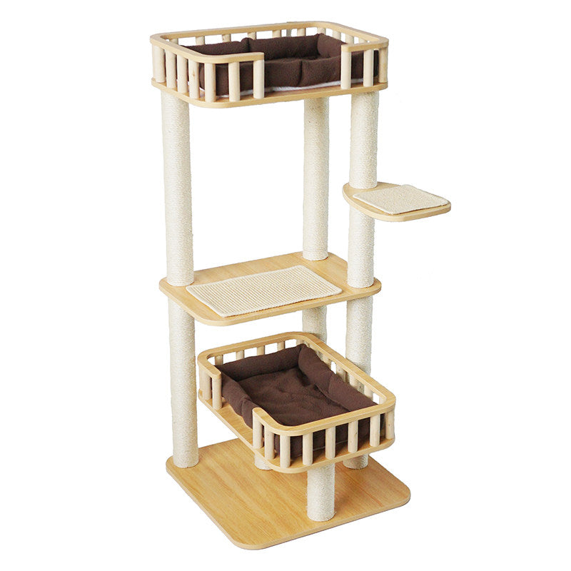 Contemporary Scandinavian 4-Tier Cat Tree — Solid Wood Panels, Velvet Fabric, and Sisal Posts, Square Multi-Layer Design for Living Room