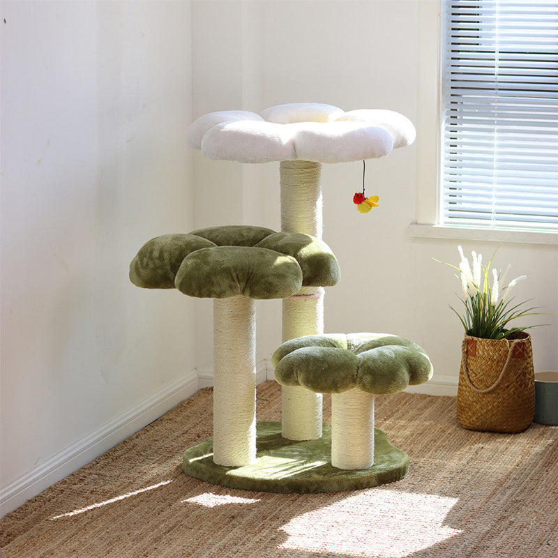 Stylish Contemporary Round Cat Tree with Velvet Fabric and Sisal – 3-Tier Particleboard Cat Tower for Living Room