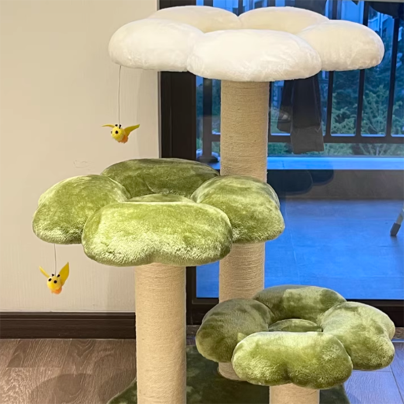 Stylish Contemporary Round Cat Tree with Velvet Fabric and Sisal – 3-Tier Particleboard Cat Tower for Living Room