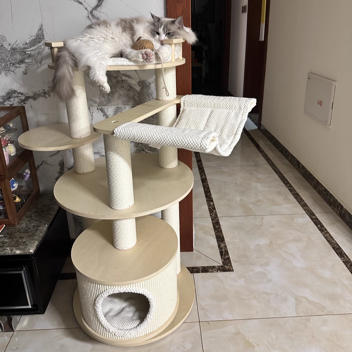 Contemporary Scandinavian Round 5-Tier Cat Tree with Multi-Layer Solid Wood Panels, Particleboard & Fiberboard, Velvet Fabric, Paper Rope & Paper Tube – Living Room