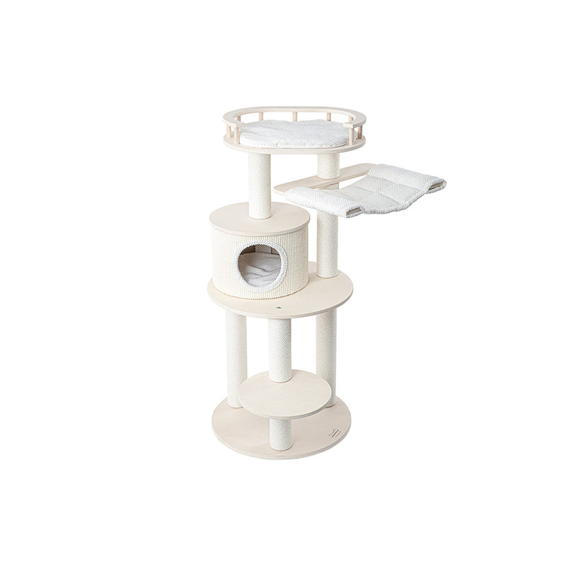 Contemporary Scandinavian Round 5-Tier Cat Tree with Multi-Layer Solid Wood Panels, Particleboard & Fiberboard, Velvet Fabric, Paper Rope & Paper Tube – Living Room