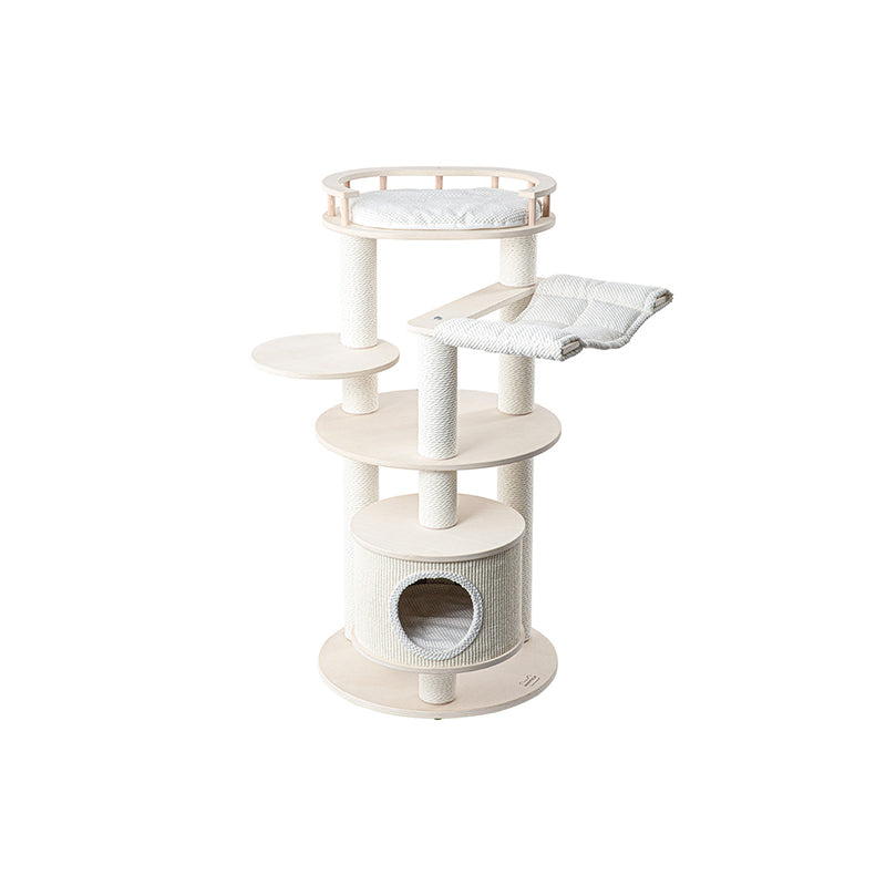 Contemporary Scandinavian Round 5-Tier Cat Tree with Multi-Layer Solid Wood Panels, Particleboard & Fiberboard, Velvet Fabric, Paper Rope & Paper Tube – Living Room