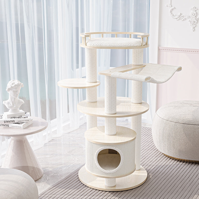 Contemporary Scandinavian Round 5-Tier Cat Tree with Multi-Layer Solid Wood Panels, Particleboard & Fiberboard, Velvet Fabric, Paper Rope & Paper Tube – Living Room