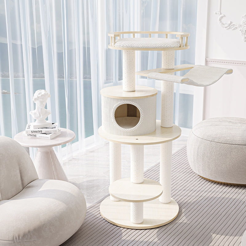 Contemporary Scandinavian Round 5-Tier Cat Tree with Multi-Layer Solid Wood Panels, Particleboard & Fiberboard, Velvet Fabric, Paper Rope & Paper Tube – Living Room