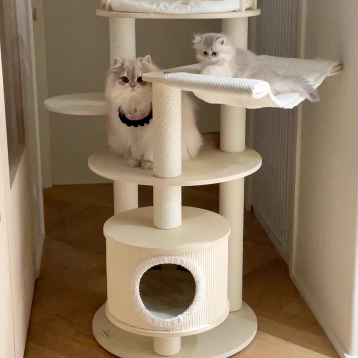 Contemporary Scandinavian Round 5-Tier Cat Tree with Multi-Layer Solid Wood Panels, Particleboard & Fiberboard, Velvet Fabric, Paper Rope & Paper Tube – Living Room