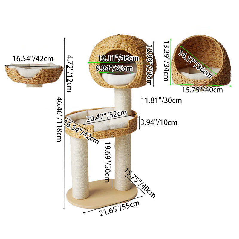 Traditional Farmhouse Round 3-Tier Cat Tree — Solid Wood Panels, PE Faux Rattan, Kraft Paper Rope, Velvet Fabric & Sisal, Multi-Layer Living Room Cat Furniture