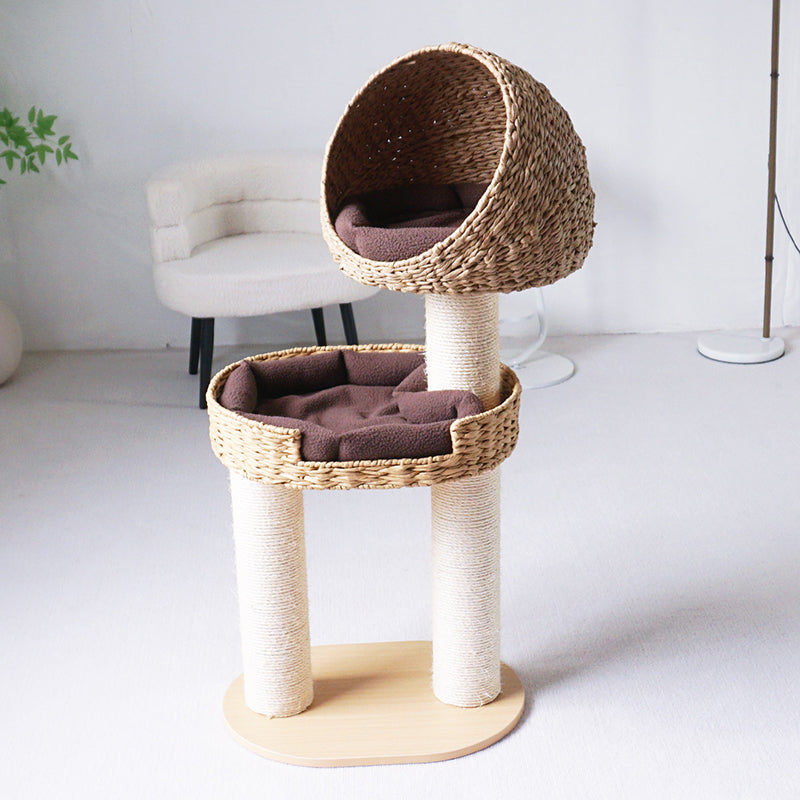 Traditional Farmhouse Round 3-Tier Cat Tree — Solid Wood Panels, PE Faux Rattan, Kraft Paper Rope, Velvet Fabric & Sisal, Multi-Layer Living Room Cat Furniture