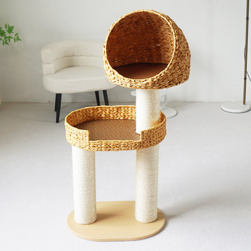 Traditional Farmhouse Round 3-Tier Cat Tree — Solid Wood Panels, PE Faux Rattan, Kraft Paper Rope, Velvet Fabric & Sisal, Multi-Layer Living Room Cat Furniture