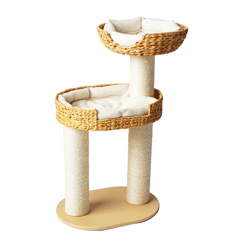Traditional Farmhouse Round 3-Tier Cat Tree — Solid Wood Panels, PE Faux Rattan, Kraft Paper Rope, Velvet Fabric & Sisal, Multi-Layer Living Room Cat Furniture