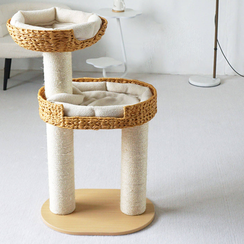 Traditional Farmhouse Round 3-Tier Cat Tree — Solid Wood Panels, PE Faux Rattan, Kraft Paper Rope, Velvet Fabric & Sisal, Multi-Layer Living Room Cat Furniture