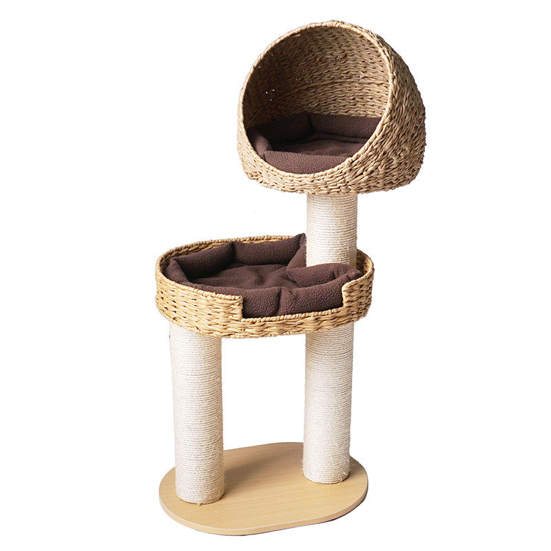 Traditional Farmhouse Round 3-Tier Cat Tree — Solid Wood Panels, PE Faux Rattan, Kraft Paper Rope, Velvet Fabric & Sisal, Multi-Layer Living Room Cat Furniture