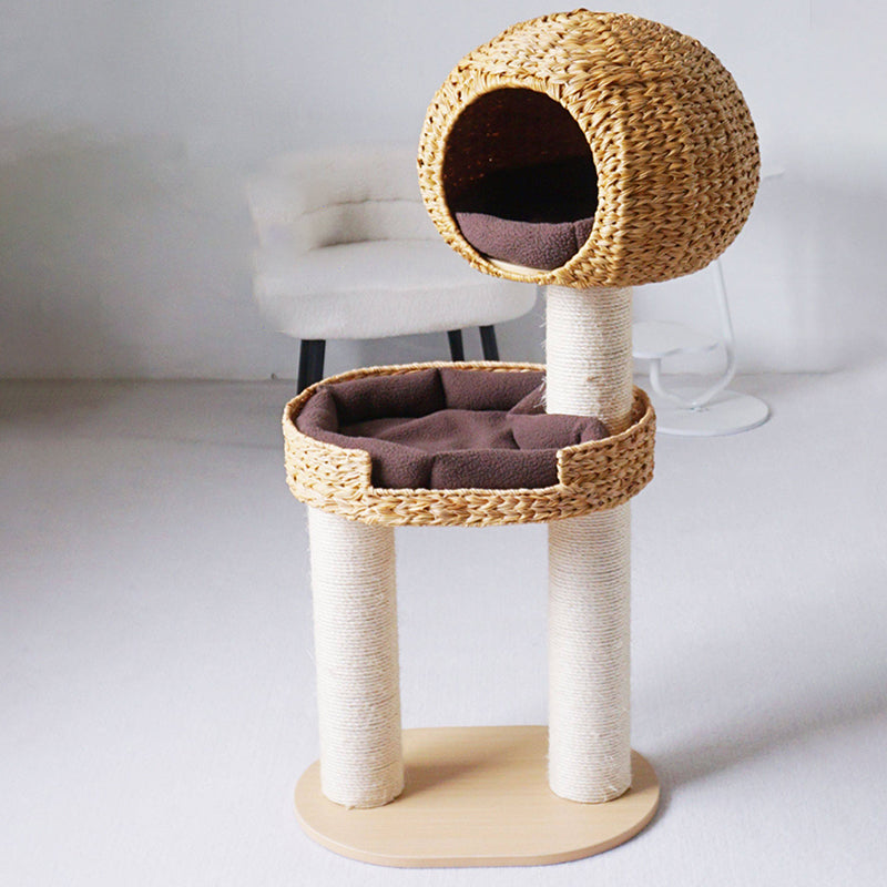 Traditional Farmhouse Round 3-Tier Cat Tree — Solid Wood Panels, PE Faux Rattan, Kraft Paper Rope, Velvet Fabric & Sisal, Multi-Layer Living Room Cat Furniture