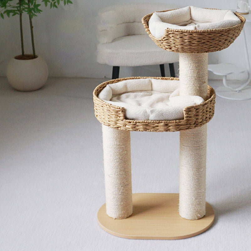Traditional Farmhouse Round 3-Tier Cat Tree — Solid Wood Panels, PE Faux Rattan, Kraft Paper Rope, Velvet Fabric & Sisal, Multi-Layer Living Room Cat Furniture