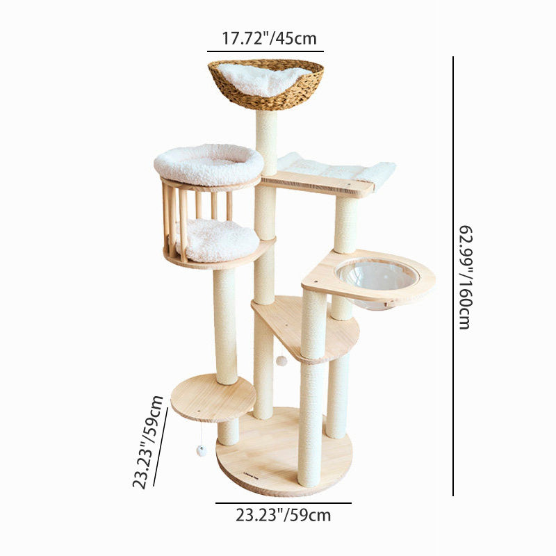 Contemporary Scandinavian Round Cat Tree – 5-Tier, Solid Pine, Faux Rattan, Velvet Fabric & Kraft Paper Rope for Living Room